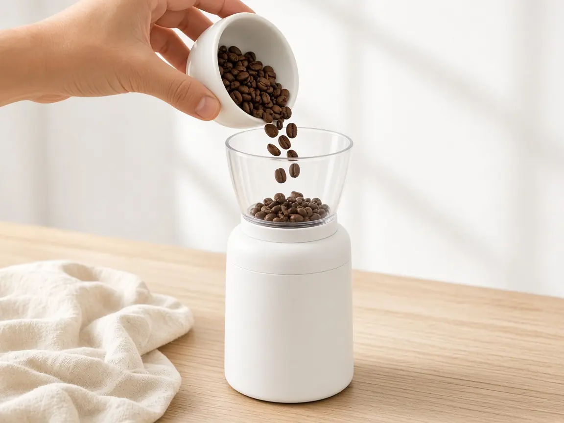 Pouring coffee beans into a grinder
