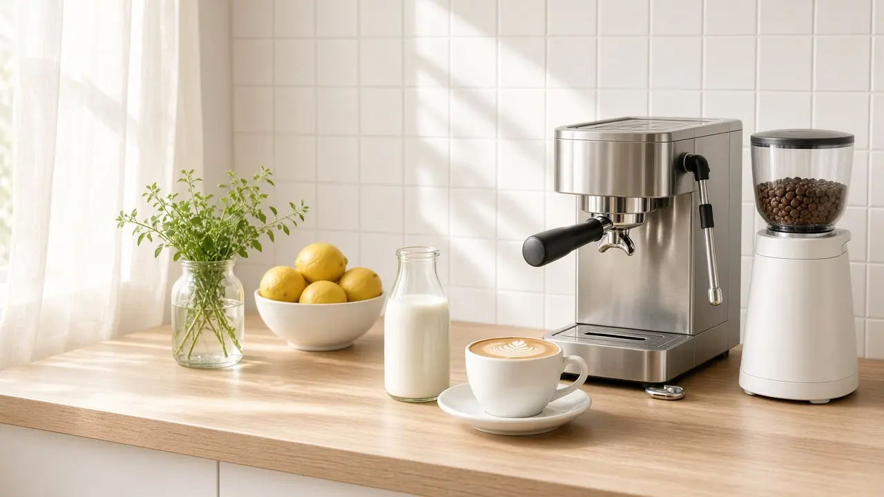 A bright kitchen counter with an espresso machine, a grinder and a cappuccino