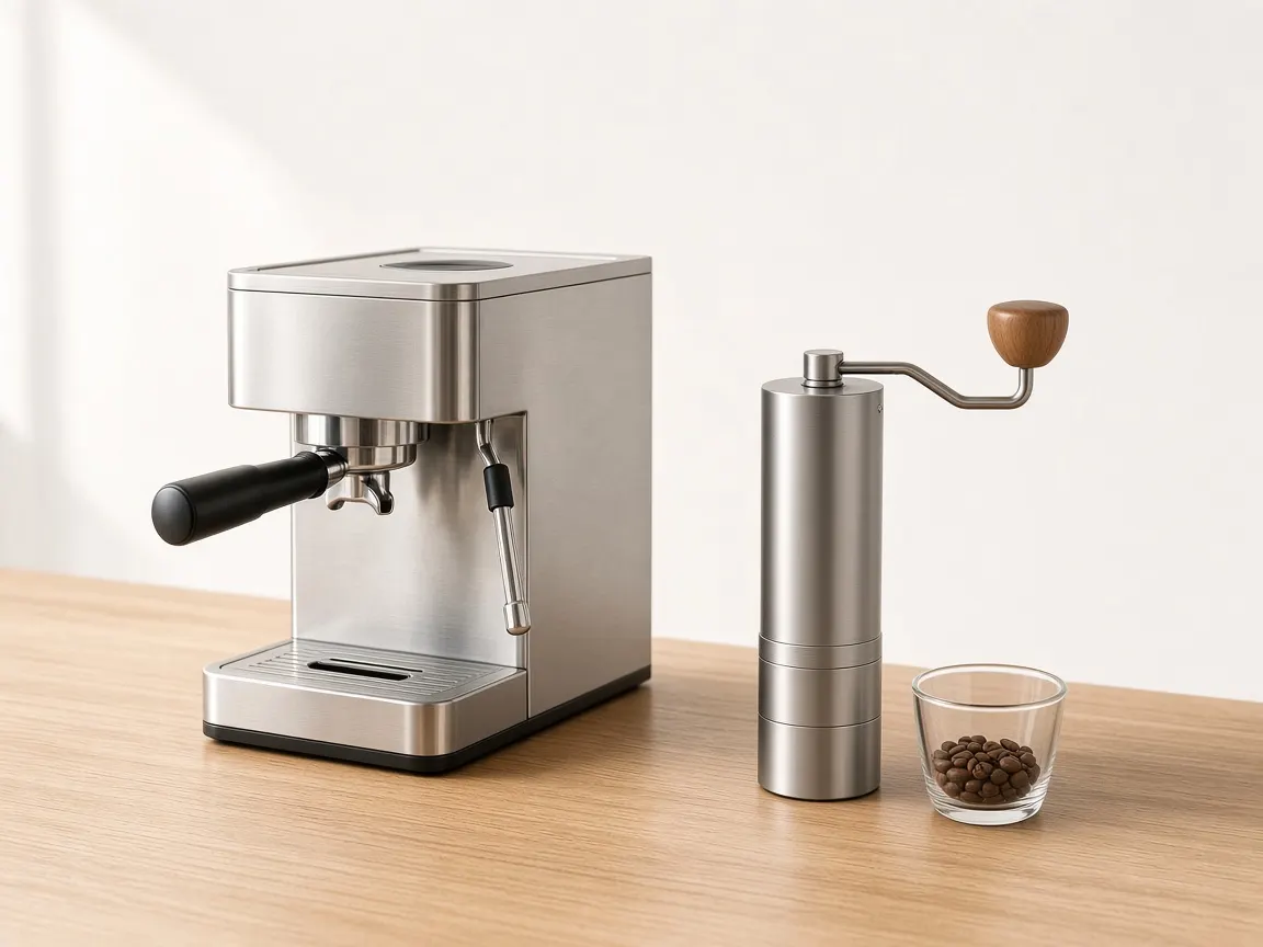 A compact espresso machine beside a hand grinder on a wooden counter
