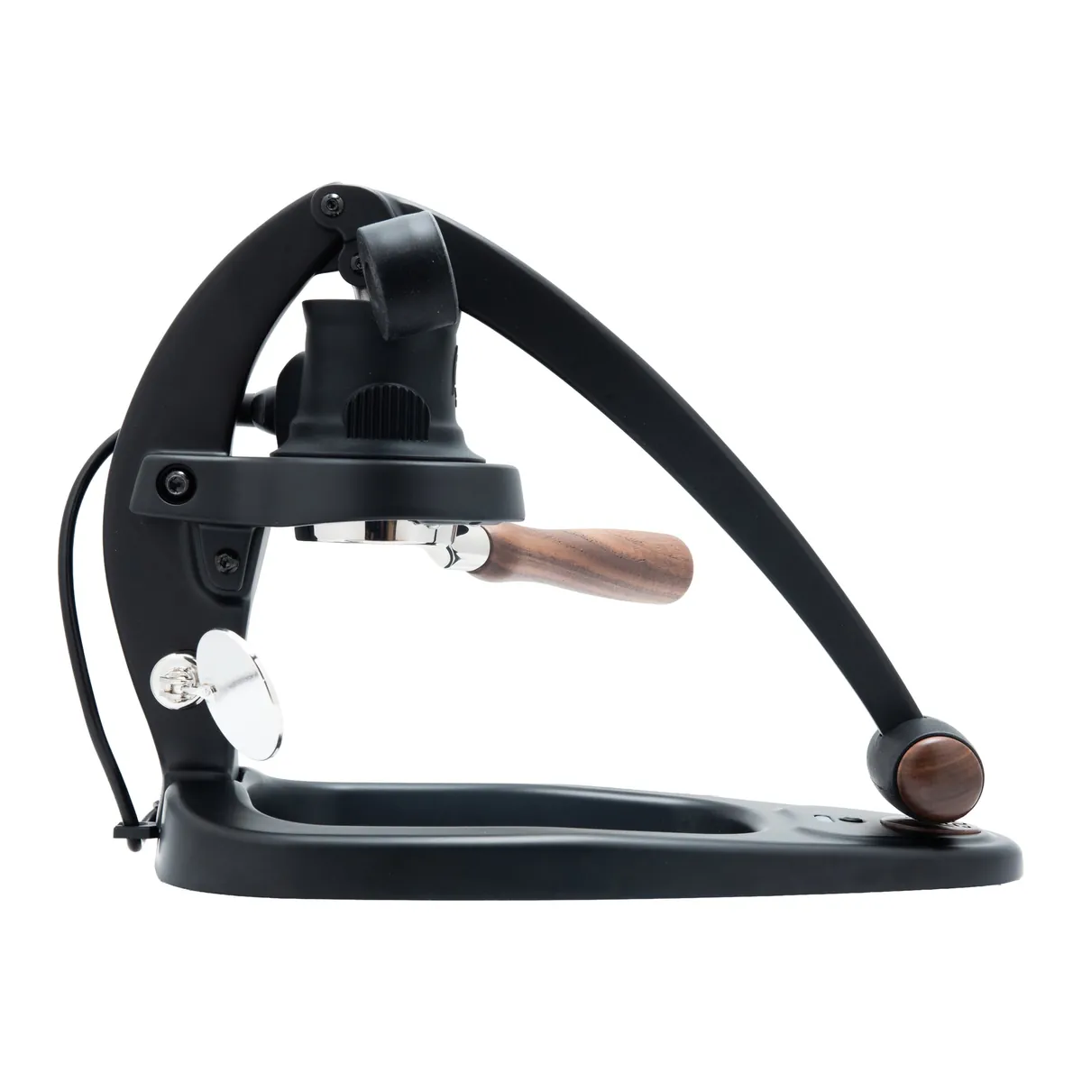Flair 58 Plus 2 manual lever espresso maker in black with a wooden handle