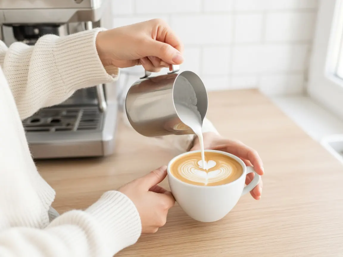 Hands pouring steamed milk into a cappuccino on a light wooden counter