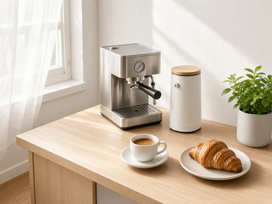 A compact espresso machine and grinder on a small apartment counter in morning light