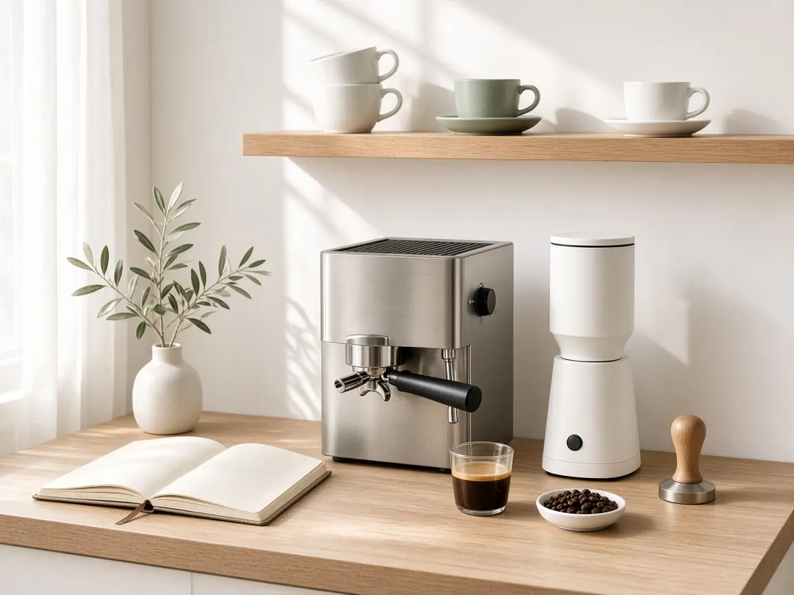 An espresso machine, grinder and cups on a sunny shelf on a weekend morning
